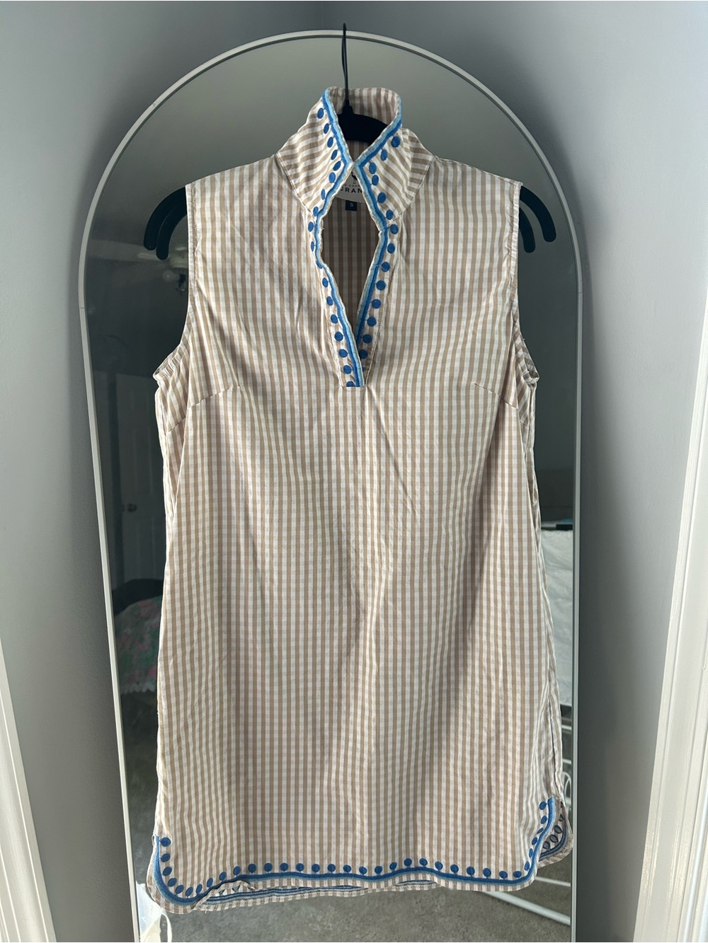 Sleeveless Gingham Mini Dress with Blue Embroidered Trim
